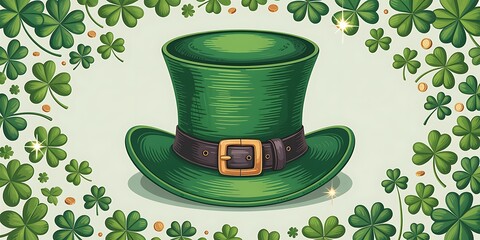St patrick's day green top hat with shamrocks and clover leaves illustration