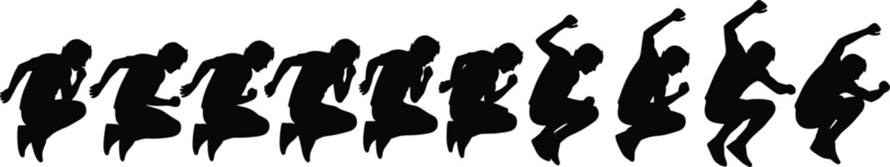 Silhouettes of person in jump sequence, dynamic motion and biomechanics illustration, sports and animation theme, transparent background graphic