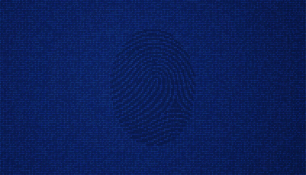 Fingerprint pattern created with binary code on blue background