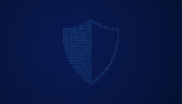 Digital shield icon formed with glowing binary digits