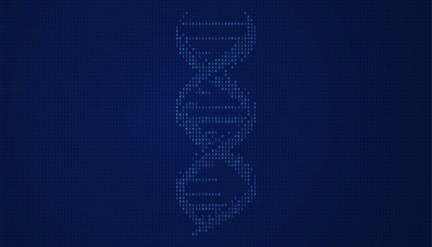 Vertical DNA strand rendered in binary code on tech background