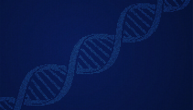 Diagonal DNA helix made from binary digits on dark background