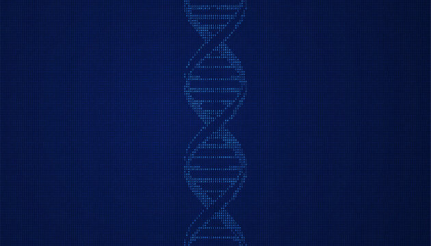 Centered DNA strand composed of glowing binary numbers