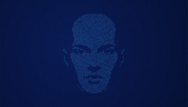 AI humanoid face made from binary digits in digital form