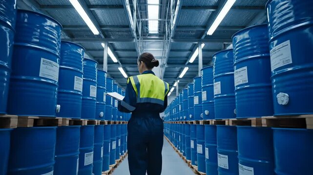 Woman worker scans blue barrel in warehouse for inventory. Worker checks barrel with scanner in storage facility. Woman scans chemical drum in warehouse. Worker inspects blue barrel storage.