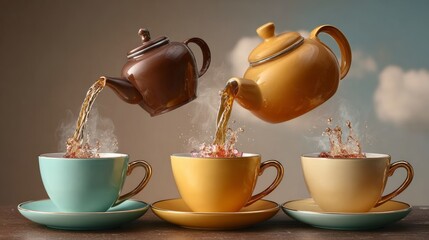 Colorful tea cups and teapots with hot tea pouring in mid-air, creating a dynamic visual effect over a soft gradient background with copy space