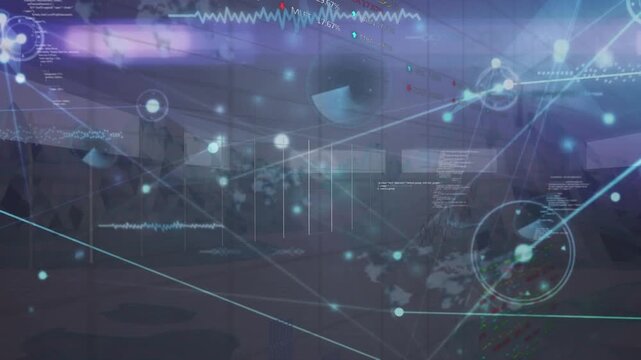 Animation of networks of connections with icons and globe over data processing