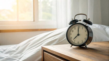 Alarm clock on bedside table next to unmade bed in peaceful room with natural light from window