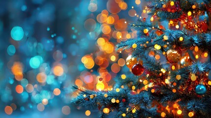 Christmas Tree Decorated with Gold and Red Baubles Against a Blurred Background of Bokeh Lights Festive Holiday Season Decoration