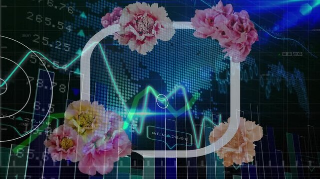Animation of financial data processing over world map and frame with flowers on black background