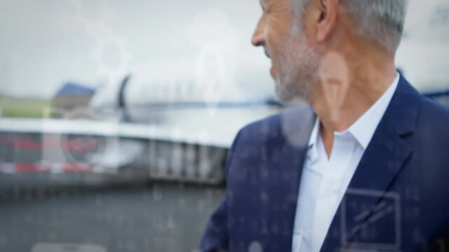 Composition of smiling businessman and businesswoman over modern unk