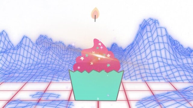 Animation of cupcake icon with light trails and digital mountains on white background