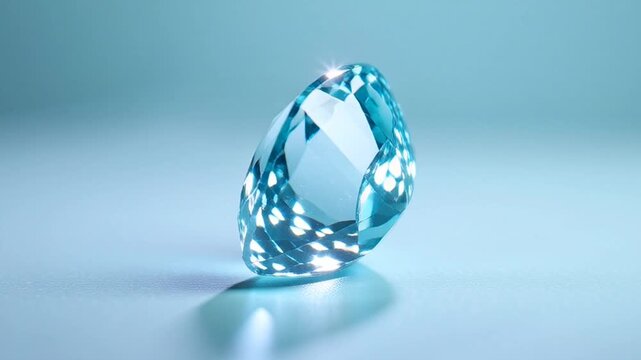 A sparkling aquamarine gemstone on a light blue background.