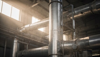 Partially focused dryer tower and metallic heat ducts with visible dust particles illuminated by soft sunlight on a humid summer day.