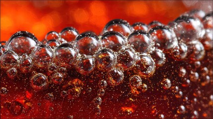 Close Up View of Fizzy Orange Liquid with Rising Bubbles and Glittering Particles Reflecting Light in Macro Shot on Dark Background