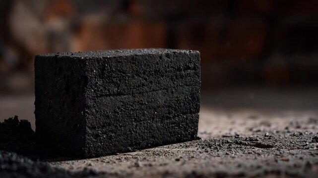 55Macro shot of a charcoal block isolated against a neutral dark background, rough tactile surface and carbon pores in sharp focus, cinematic lighting enhancing depth and form