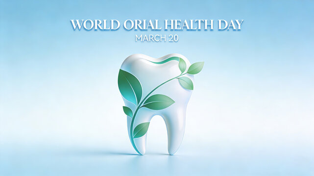 The combination of green leaf teeth elements interprets the concept of "natural and healthy oral care" for World Oral Health Day and is suitable for health education materials.
