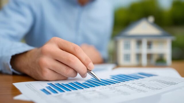 67Close-up of fingers pointing at a mortgage repayment timeline on paper, monthly payments and interest columns visible, blurred real estate documents behind, home loan education, lo