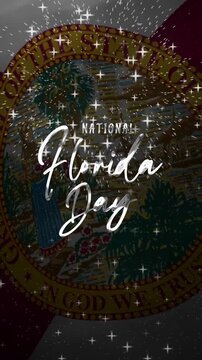 National florida day text animation with waving flag and fireworks. Suitable for promoting florida day events, state pride, or travel promotions.