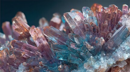 Detailed Close Up of Multicolored Amethyst Crystal Cluster with Sharp Points Against a Dark Background in Soft Focus with Glittering Surfaces