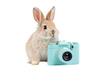 Cute beige bunny rabbit sitting beside turquoise blue camera, isolated on a transparent background