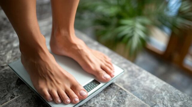 91Top-down close-up of a woman&rsquo;s feet on a scale after waking up, soft daylight, calm bathroom atmosphere, daily health routine and body weight awareness visual