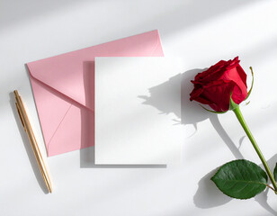 Romantic Red Rose and Blank Card with Pink Envelope Flat Lay