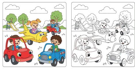Obraz premium Cartoon children driving toy cars and airplane in the playground, colorful and black and white outline for coloring book page