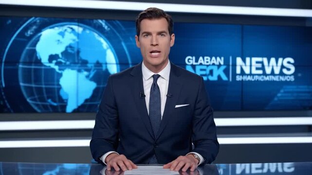 Handsome Male Newscaster Reporting Live News in a Modern Studio with Global Events Updates