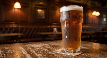 Cold pint of craft beer with condensation on a rustic wooden table in a traditional British pub for relaxation concept and authentic atmosphere