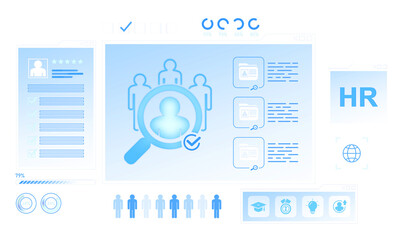 Human resources digital interface showing candidate selection process with data analysis elements and HR icon on blurred light background. 3D Rendering