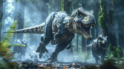 Ferocious Tyrannosaurus Rex Running Through Forest