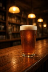 Refreshing pint of beer with foam head on a rustic wooden bar counter in a dimly lit pub for a classic happy hour concept and cozy atmosphere