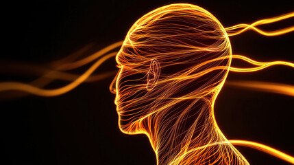 Autophagy concept with glowing orange lines forming human head profile symbolizing cellular process and energy flow
