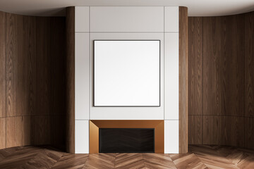 Naklejka premium Modern interior with wooden walls and fireplace featuring blank square poster mockup on clean white panel background for advertising or design display. 3D Rendering