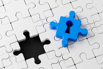 Fototapeta premium Blue puzzle piece with keyhole above matching empty space in white puzzle layout on dark background. Concept of solution and unlocking ideas. 3D Rendering