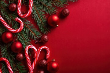 Festive Christmas Still Life with Red Ornaments Candy Canes and Evergreen Branches on Deep Red Background