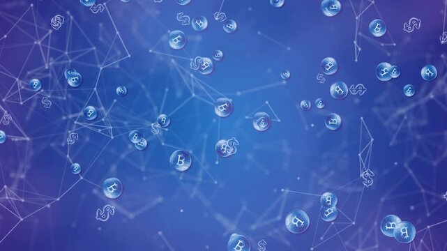 Animation of network of connections with bitcoin icons on blue background