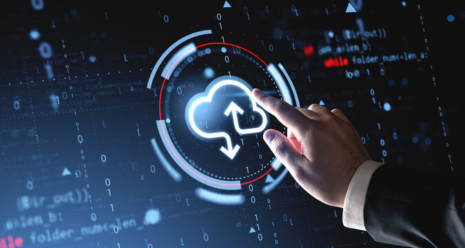 Businessman hand interacting with digital cloud icon on futuristic interface representing global cloud storage concept on technology background. - Powered by Adobe