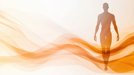 Autophagy concept with human silhouette and flowing orange abstract waves representing cellular renewal and health in modern style