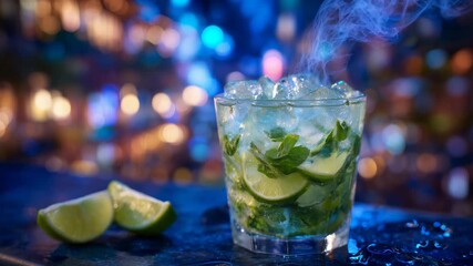 322Macro close-up of vibrant cocktail, lime wedge and ice, curling smoke rising, bokeh lights in the background, magical and mysterious bar visual