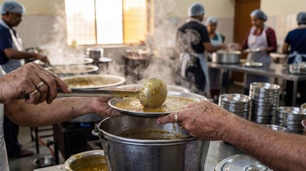 Serving hot food in a community kitchen with many people being served simultaneously