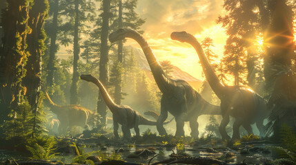 Sauropod Dinosaurs Walking Through Prehistoric Forest