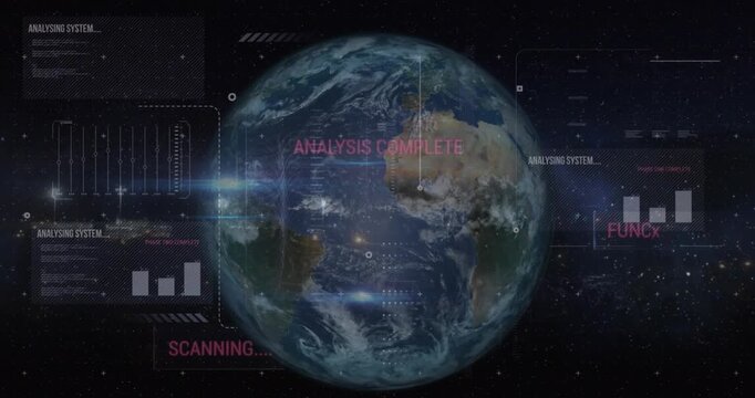 Animation of computer language, graphs, texts and lens flare against rotating globe