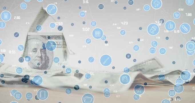 Animation of network of connections with icons over american dollar bills