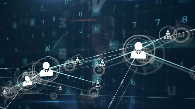 Animation of connected icons, letters, symbols, numbers, text over caucasian hacker hacking system