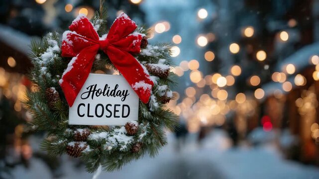327Close-up of holiday shop closure sign, vibrant red bow on snowy pine wreath, soft-focus warm bokeh lights in small-town downtown winter setting, festive wintertime visual