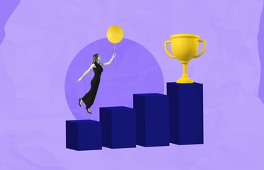 Woman with balloon ascending steps toward a trophy symbolizing s