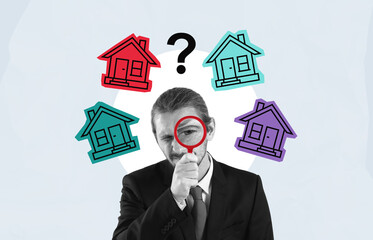Man in suit examining colorful house icons with magnifying glass