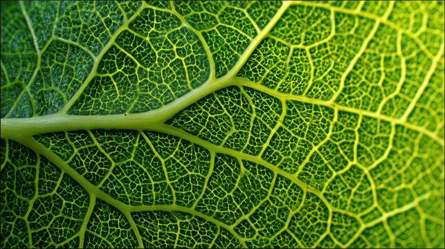 Detailed Macro Shot of a Vibrant Green Leaf with Intricate Vein Patterns and Fine Textured Surface Backlit Creating Depth and Contrast Natural Beauty